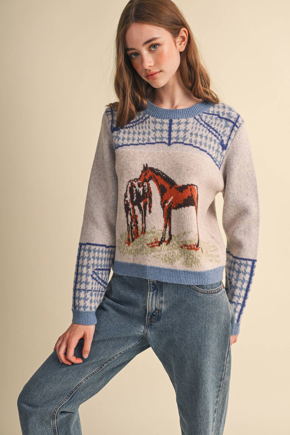Dusty Blue Horse Motif Houndstooth Knit Sweater