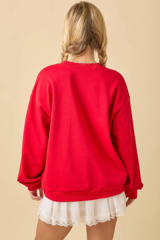 Football Game Day Patchwork Long Sleeve Crewneck Top: RED / S Main Strip