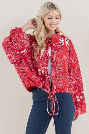 Red Paisley Tie-Front Cropped Jacket