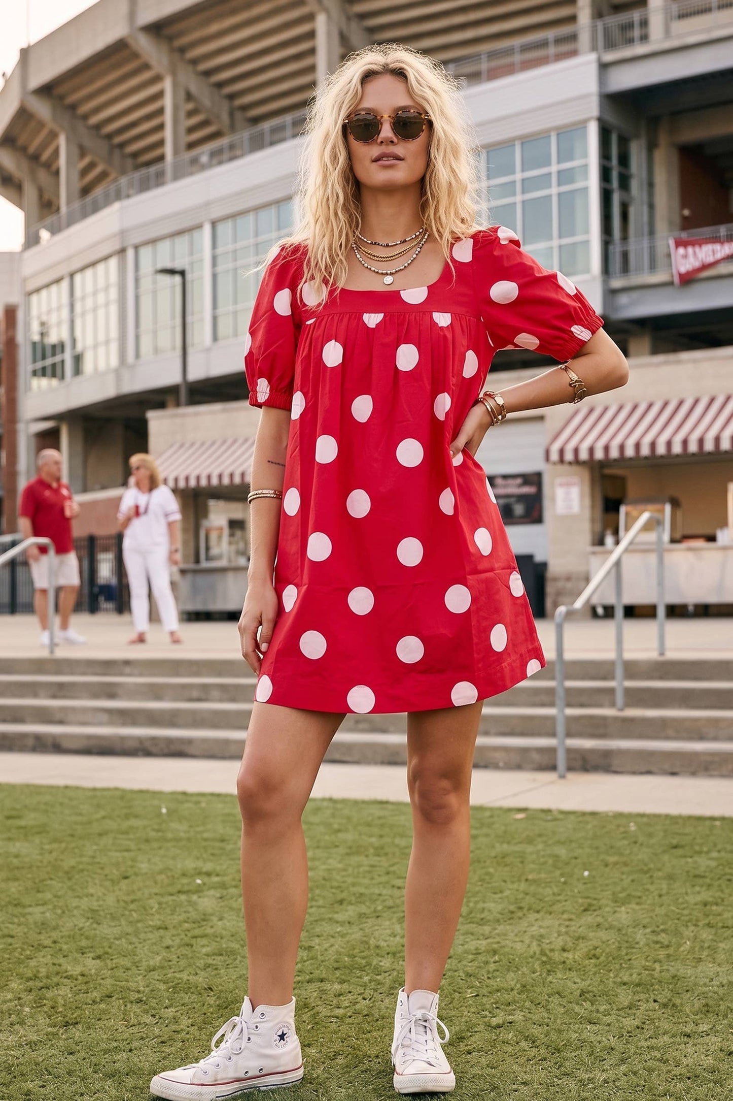 Gameday Polka Dot Puff Sleeve Dress: RED/BLACK / L