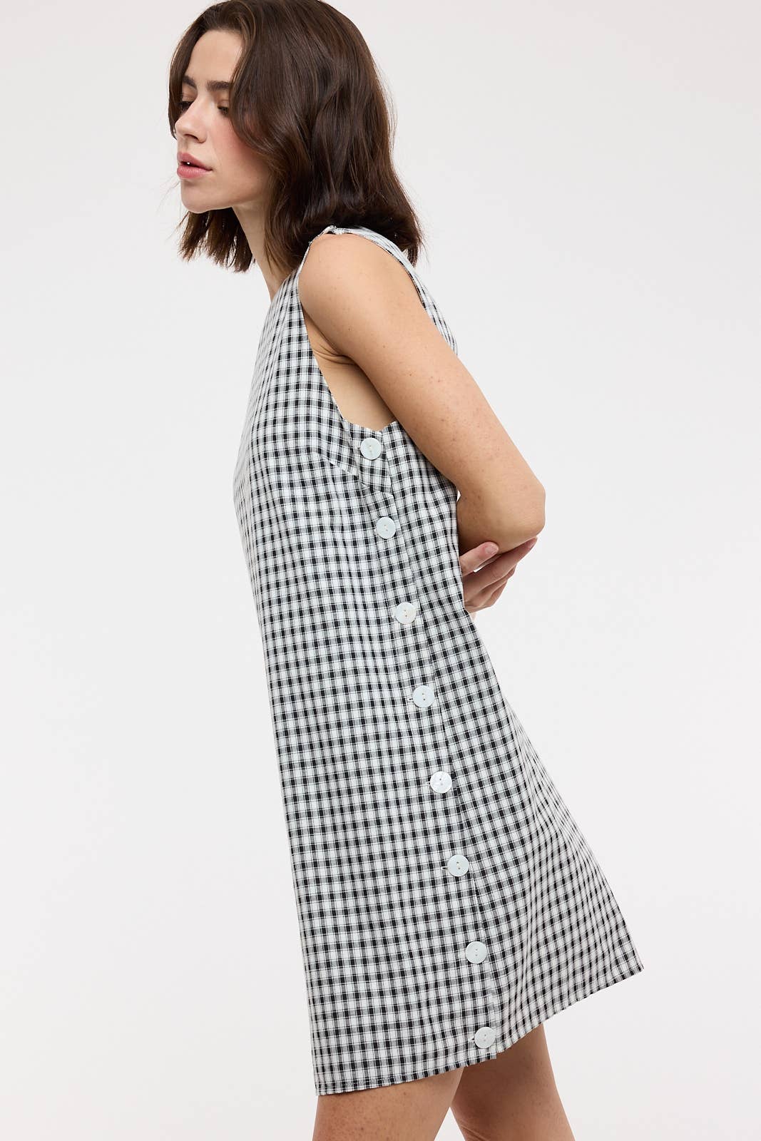 Black & White Plaid Side Button Mini Dress – Sleeveless Summer Dress