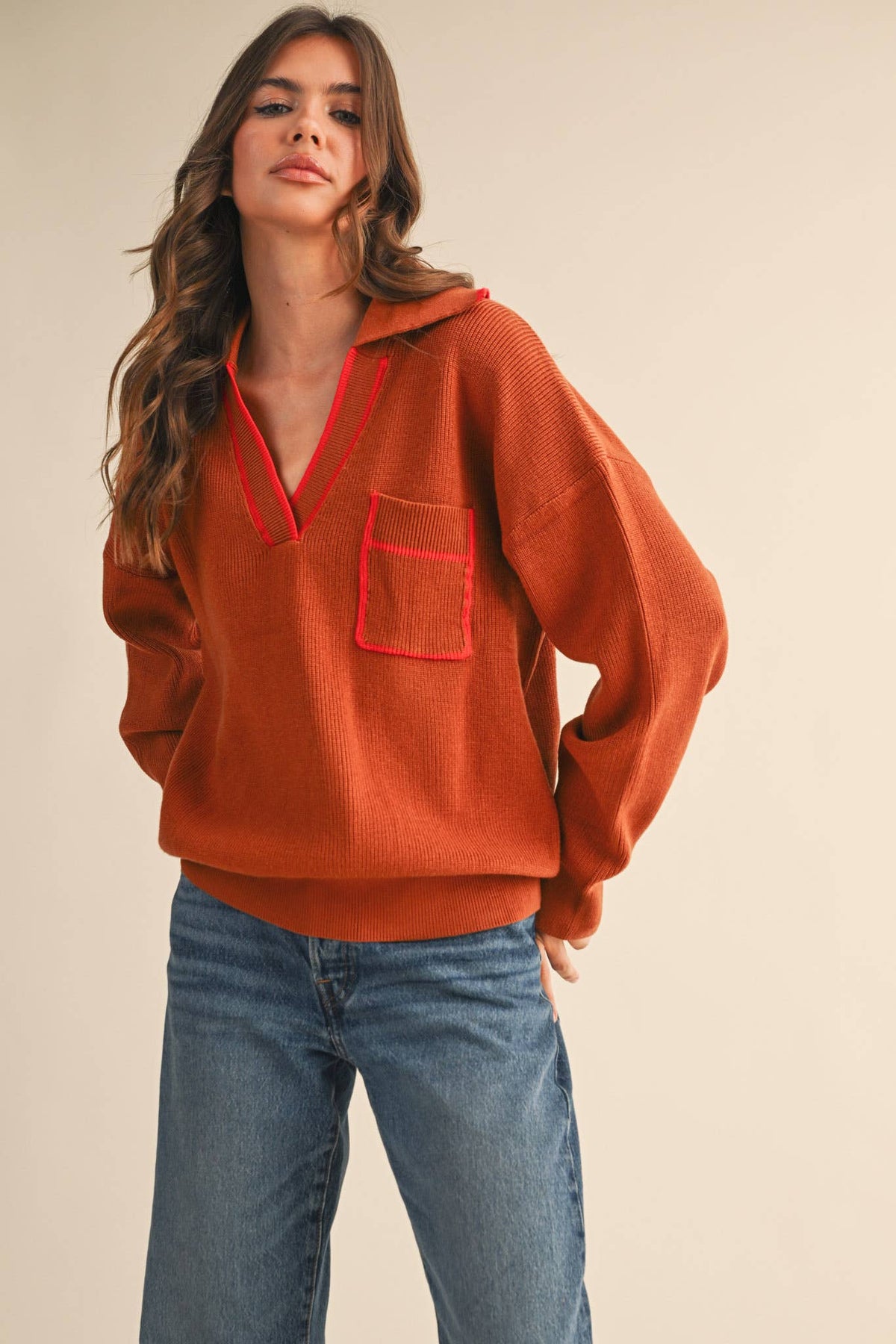 Ginger Ribbed Collared V-Neck Pullover Sweater