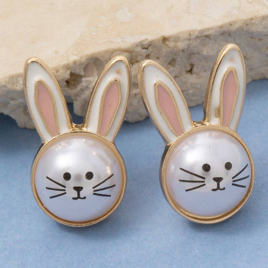 Petite Cottontail Trail Pearl And Enamel Bunny Head Stud Earrings
