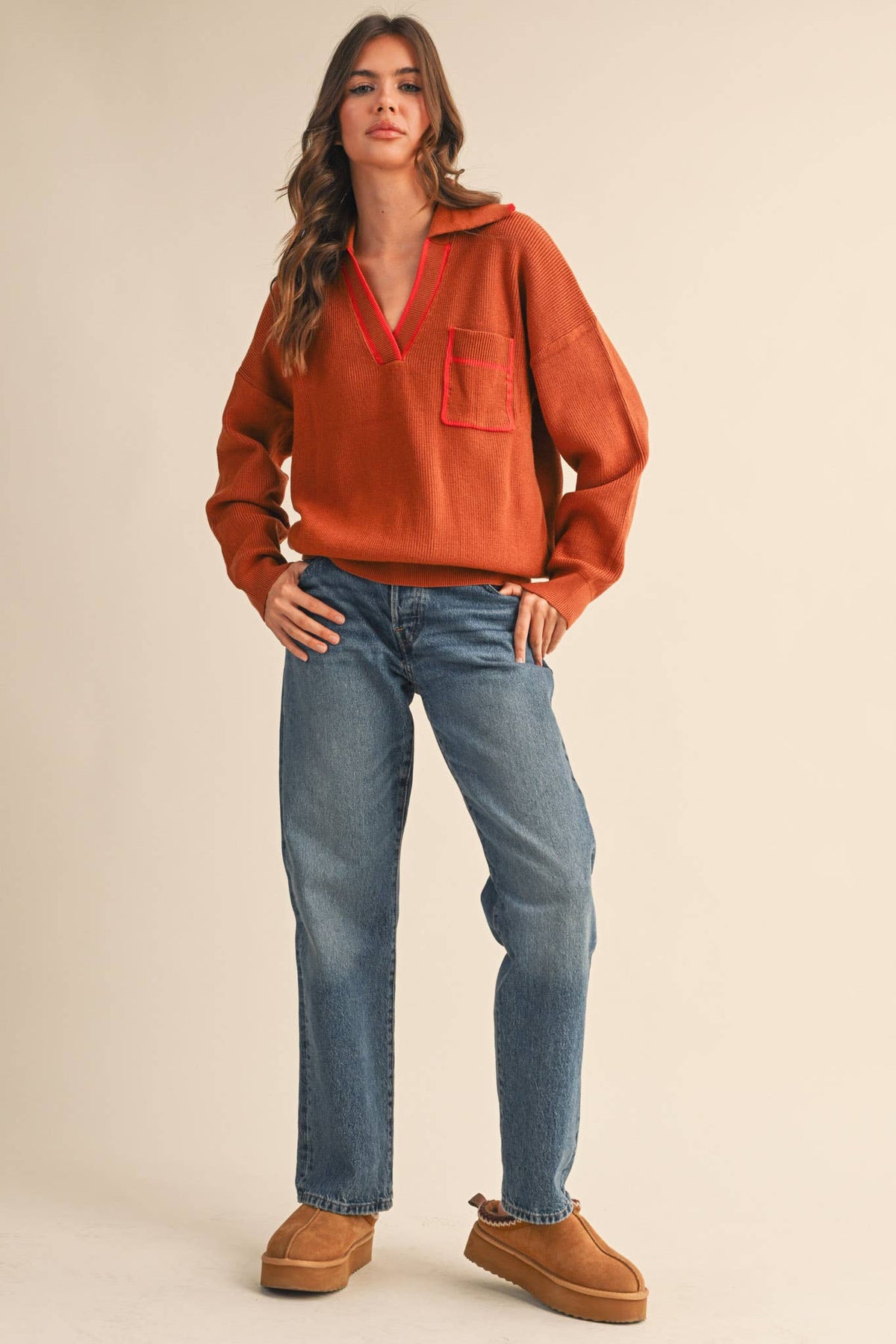Ginger Ribbed Collared V-Neck Pullover Sweater