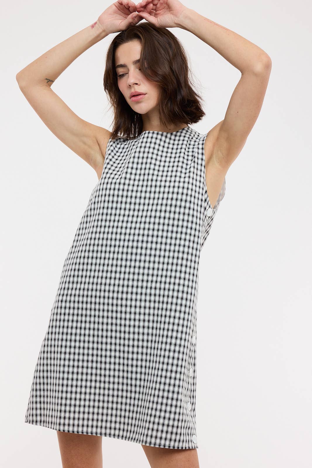 Black & White Plaid Side Button Mini Dress – Sleeveless Summer Dress