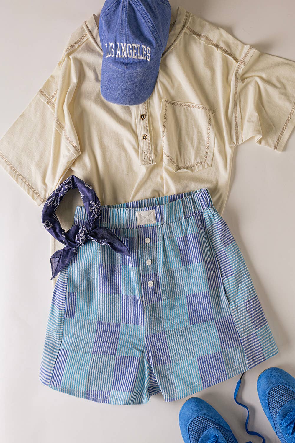 Blue Pastel Plaid Boxer Shorts for Women | Crinkle Cotton Lounge Shorts with Pockets