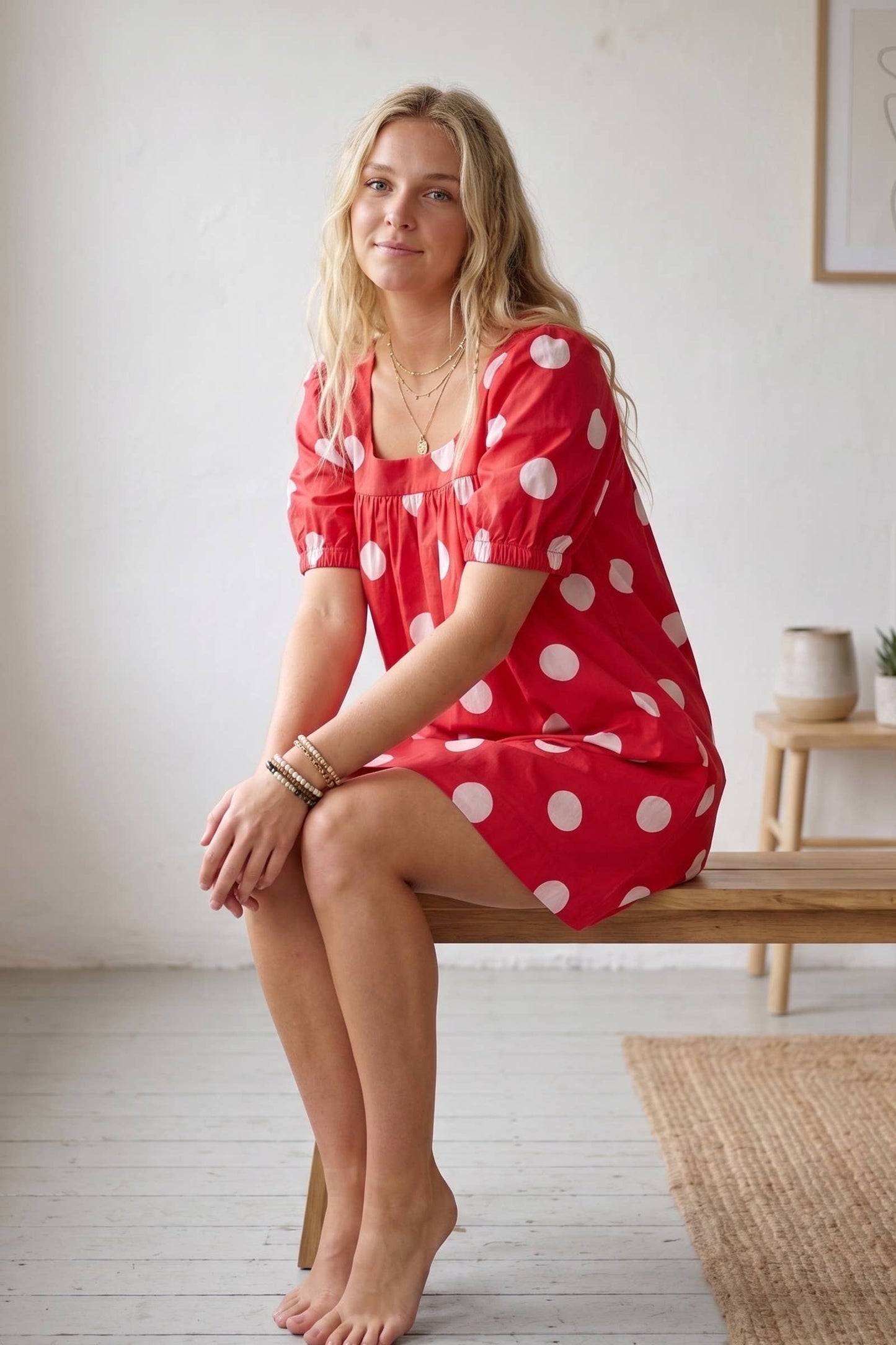 Gameday Polka Dot Puff Sleeve Dress: RED/BLACK / L