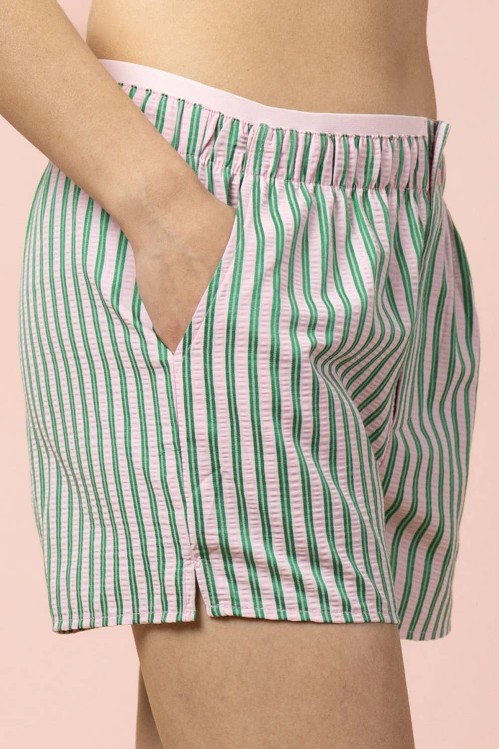Shorts de pyjama femme rayés roses et verts | Shorts de détente taille élastique avec poches