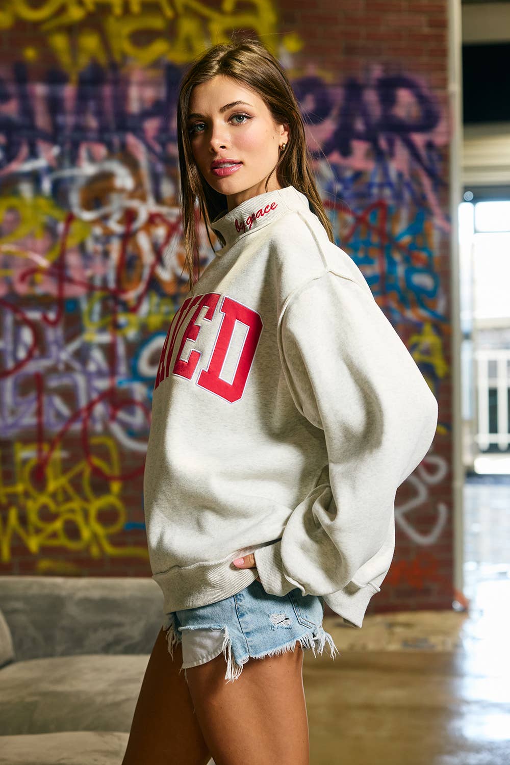 SAVED by Grace Oversized Mock Neck Sweatshirt: Ash Grey