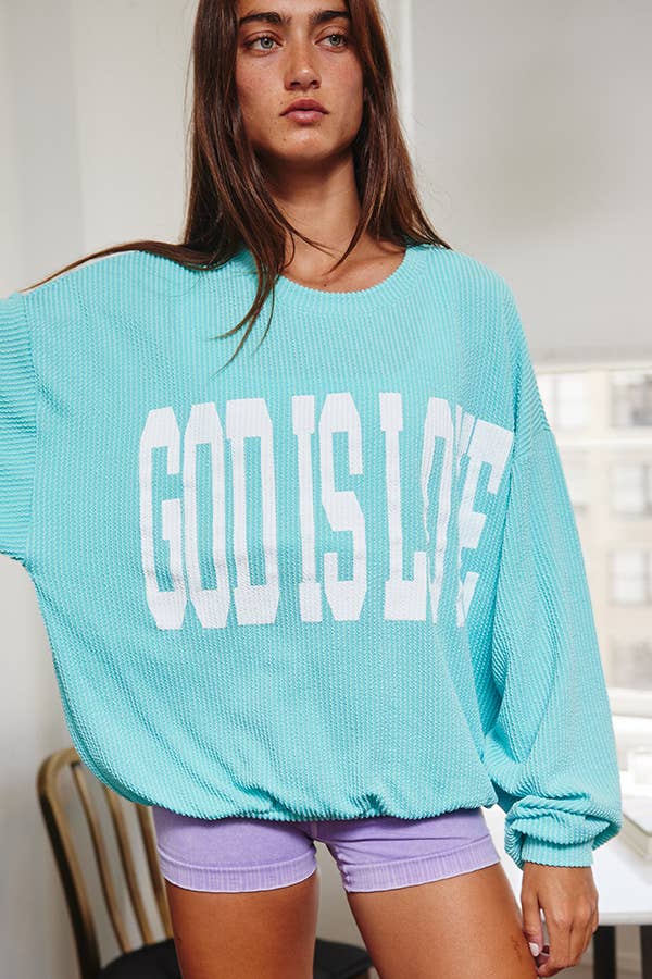God Is Love Oversized Ribbed Sweatshirt – Christian Graphic Crewneck, Aqua Blue Faith-Based Pullover