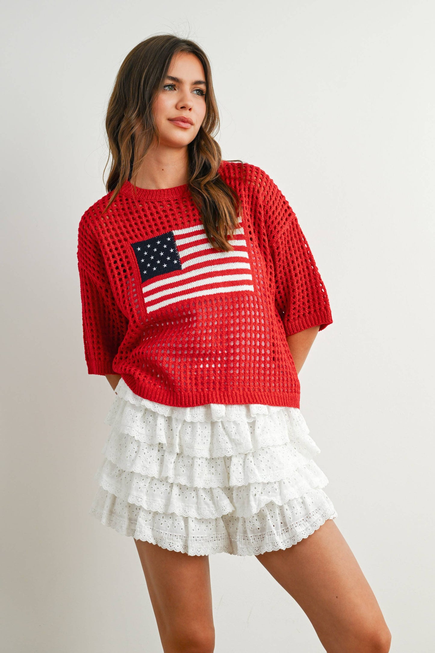 American Flag Open Knit Sweater Top | Lightweight Patriotic Crochet Pullover