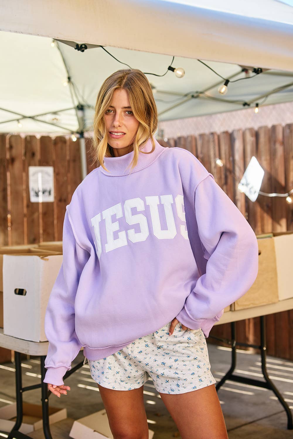 JESUS Embroidered Oversized Lavender Mock Neck Sweatshirt