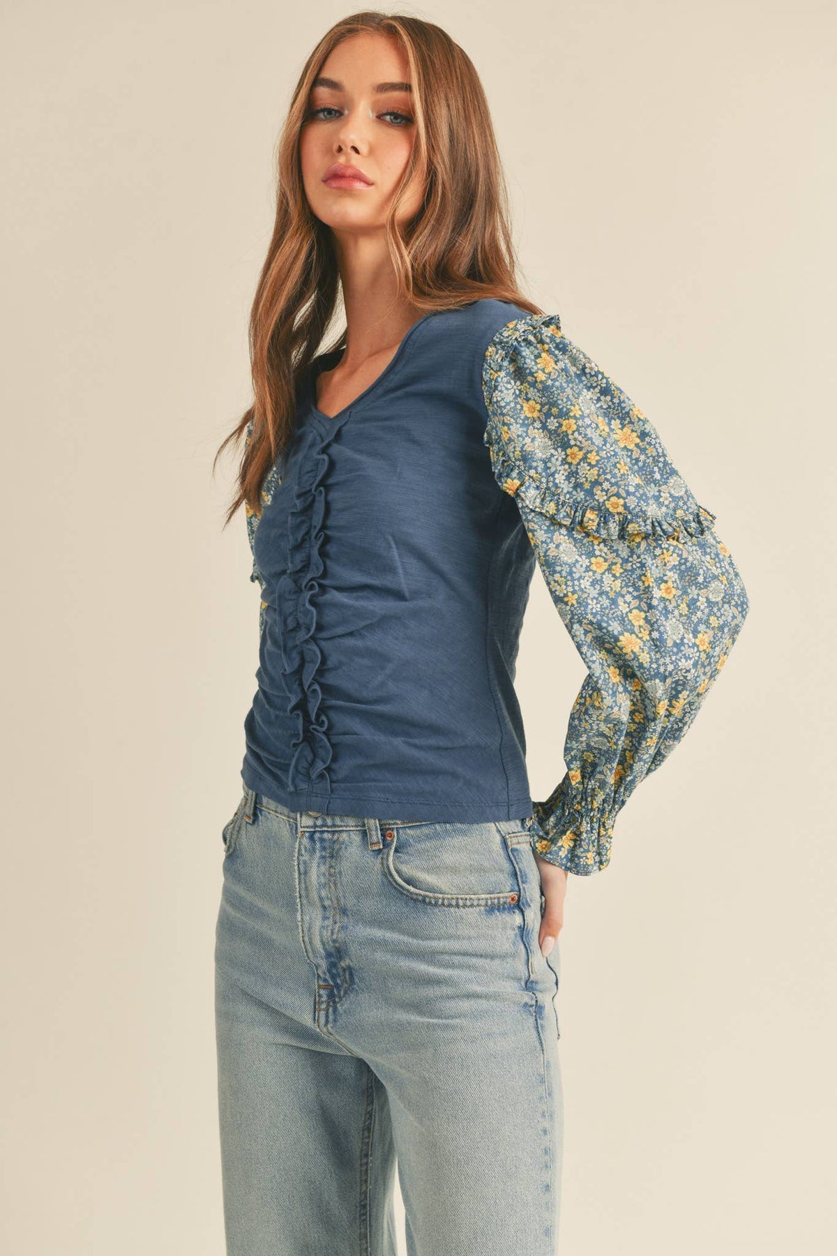 Dusty Blue Floral Puff Sleeve Cotton Blouse