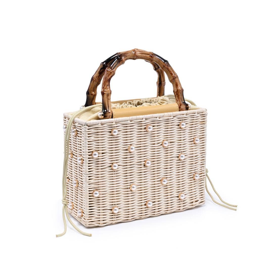 Wicker handbag with wooden handle on a white background