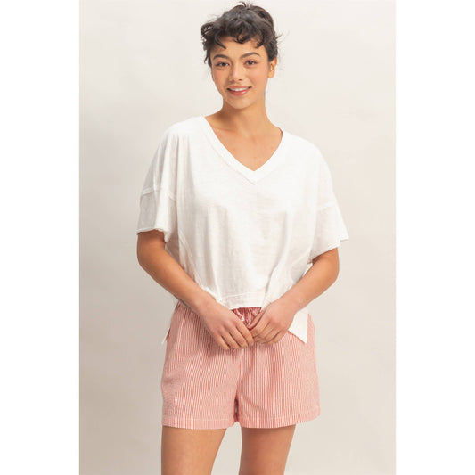 White Oversized V-Neck Tee | Relaxed Crop Lounge Top