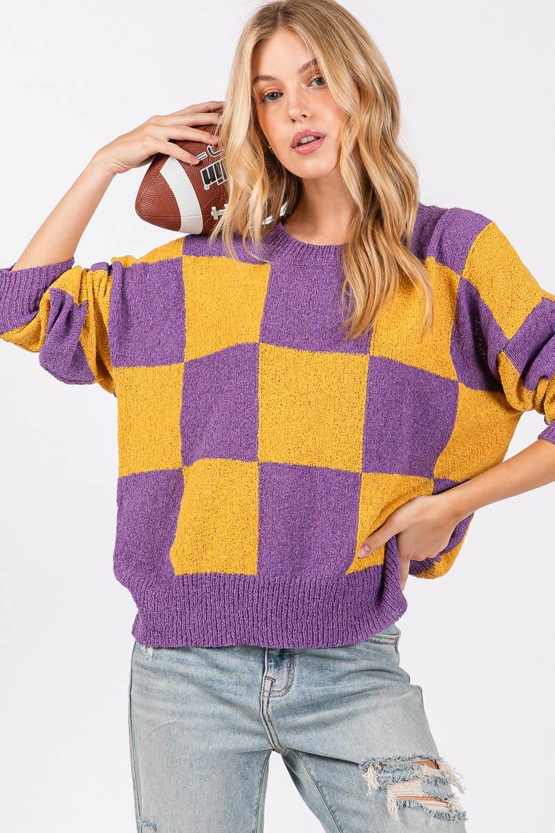 CHECKER SWEATER TOP : PURPLE/YELLOW / L