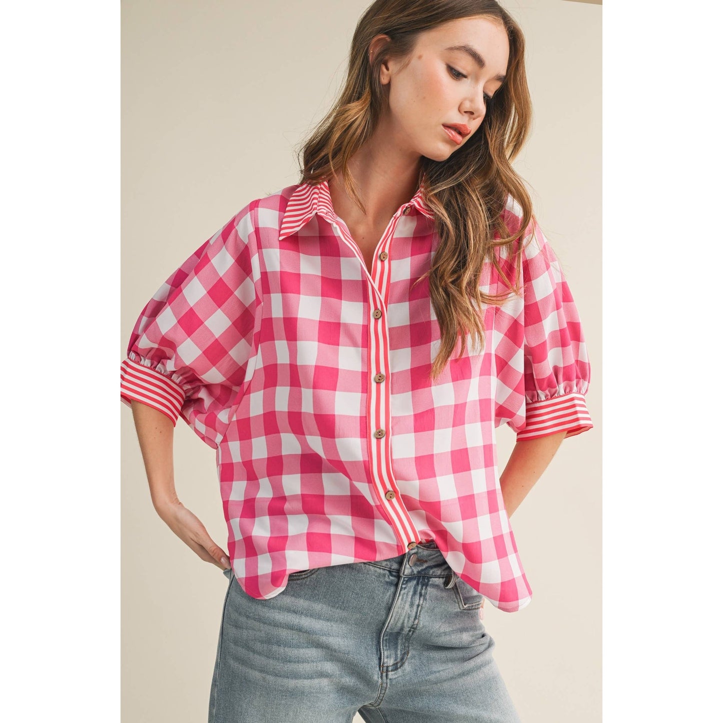 Romantic Gingham Check Pattern Elegant Blouse: RED / S-M-L-XL(2-2-2-1)