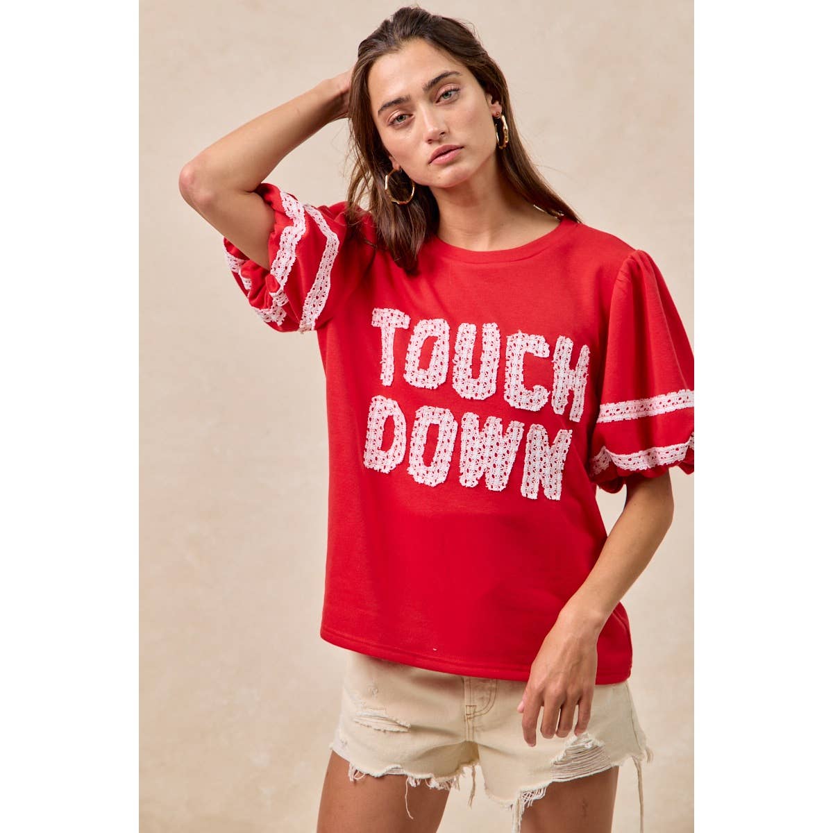 GAMEDAY THEME SLEEVE TOP WITH TOUCH DOWN PATCHWORK: BLUE / L