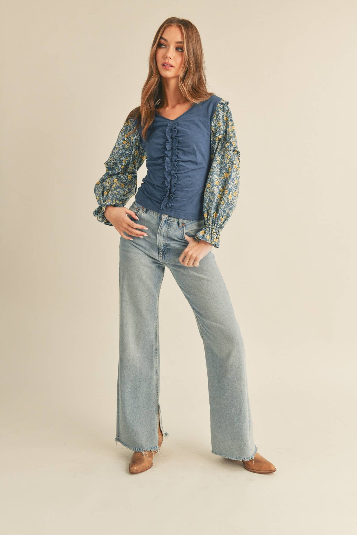 Dusty Blue Floral Puff Sleeve Cotton Blouse