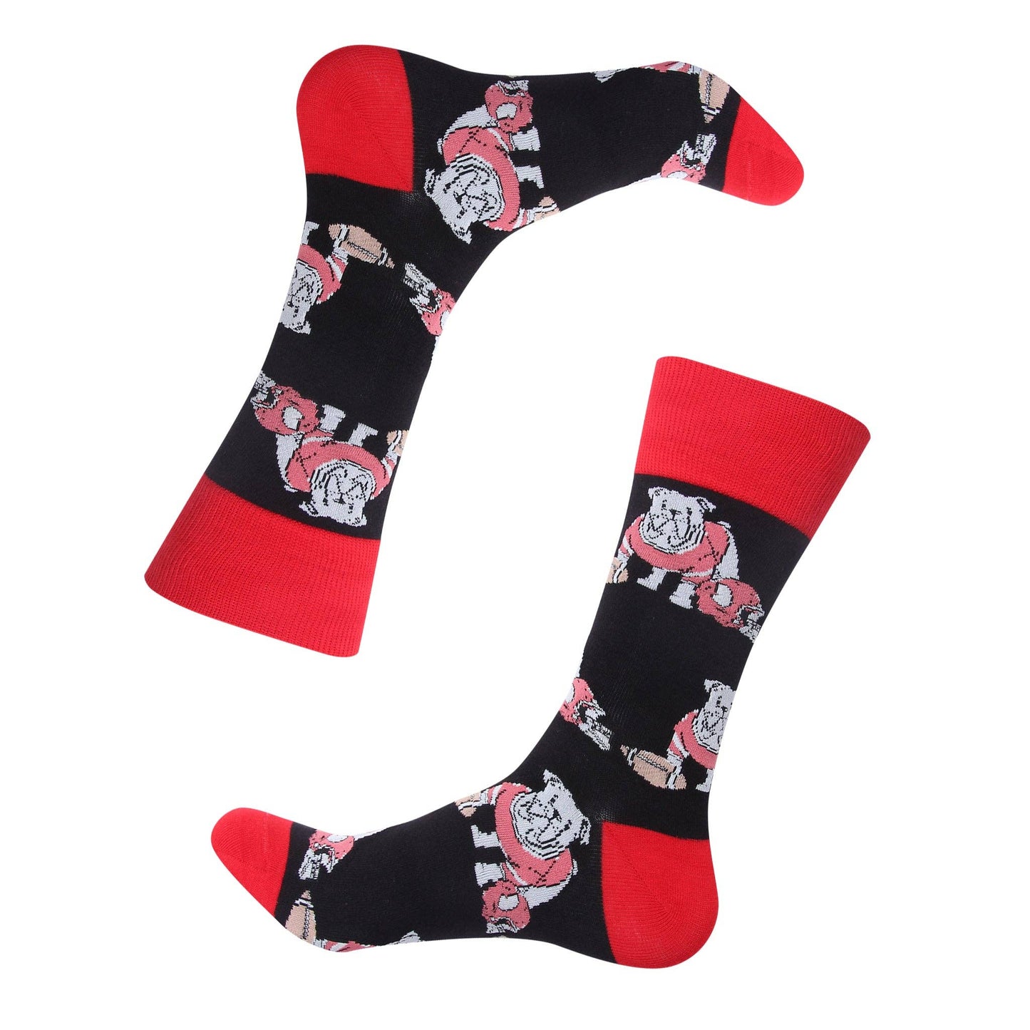 Black crew socks with red cuffs, heels and toes featuring bulldog mascots, football helmets and footballs.