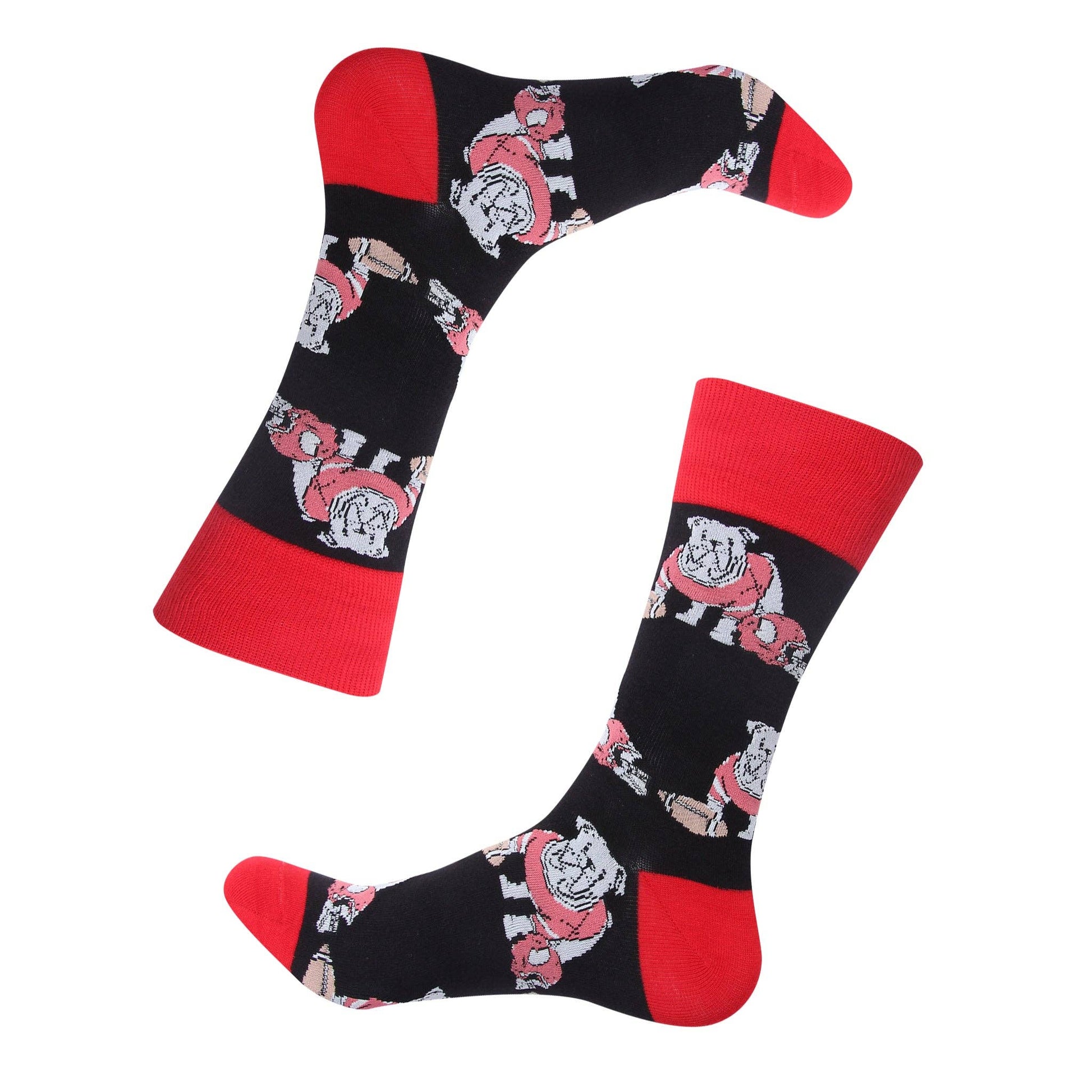 Black crew socks with red cuffs, heels and toes featuring bulldog mascots, football helmets and footballs.