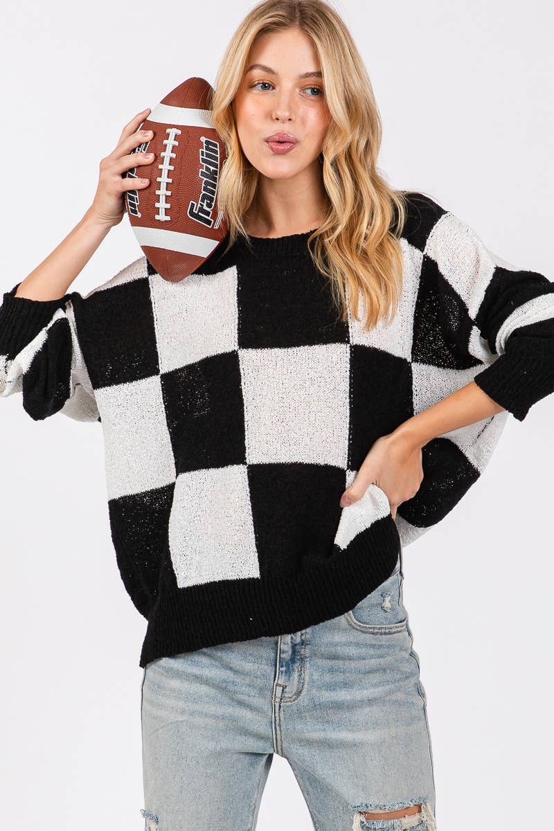 CHECKER SWEATER TOP : PURPLE/YELLOW / L