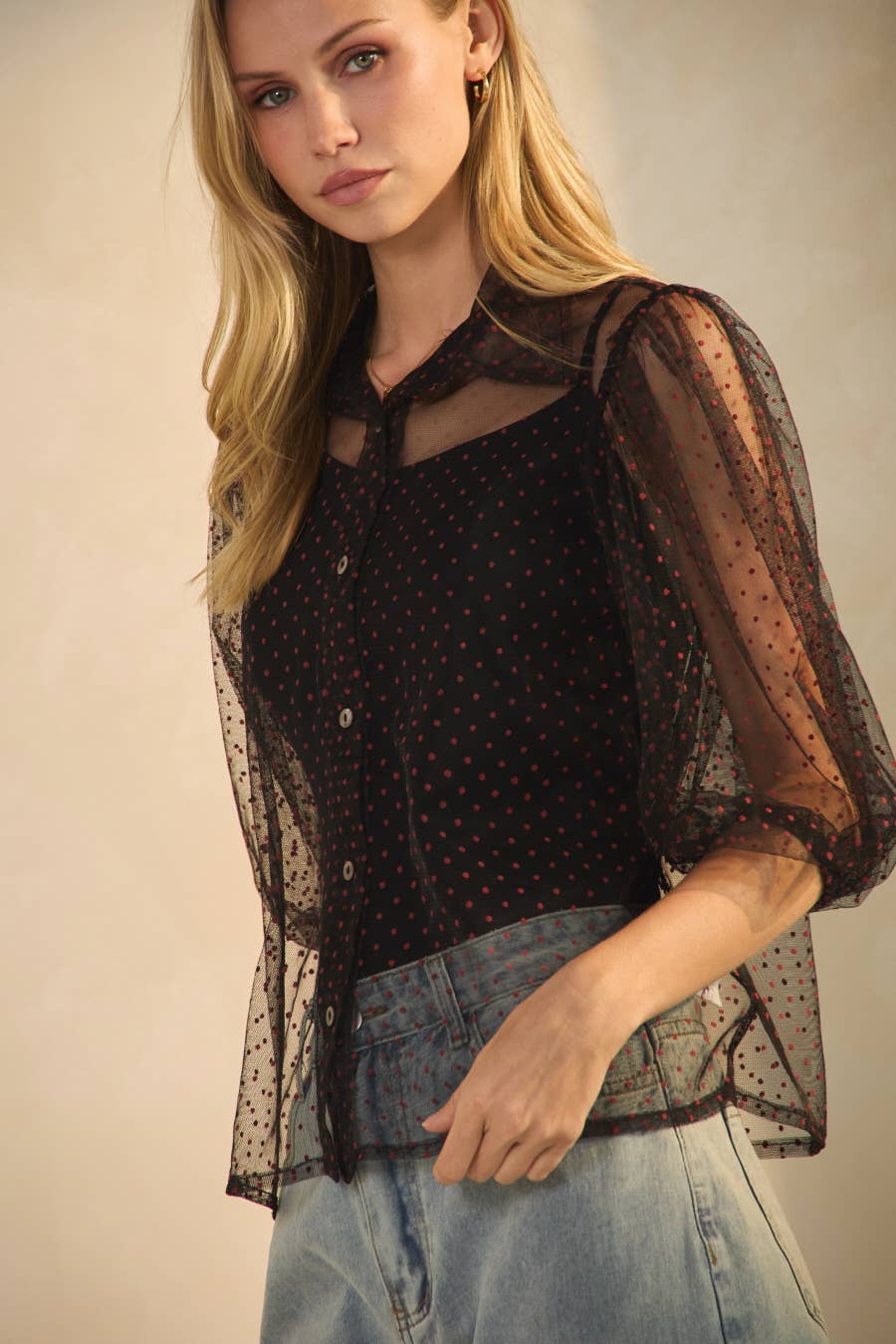 Night Game Red-Dotted Mesh Blouse