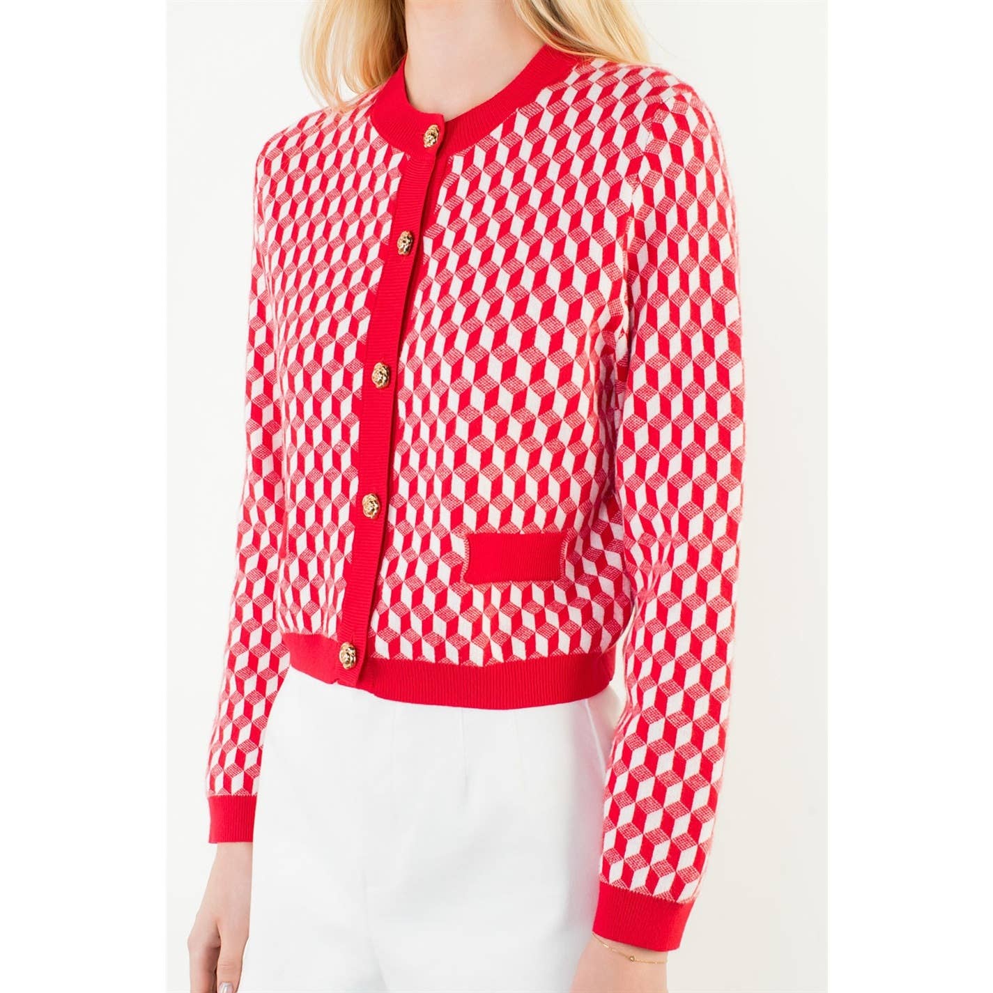 Lipstick Red Long Sleeve Geometric Print Cardigan