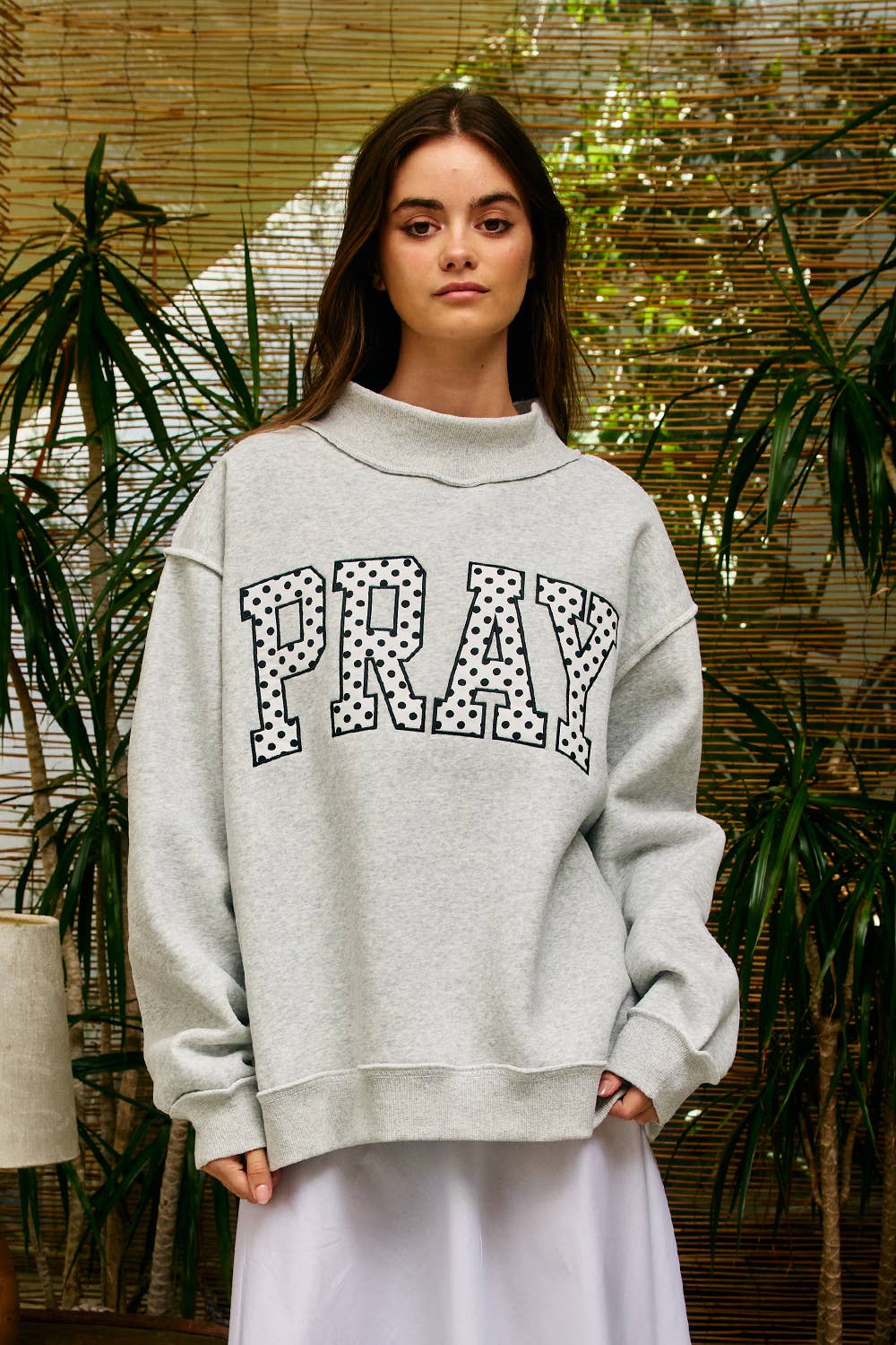Polka Dot PRAY Appliqué Oversized Mock Neck Sweatshirt