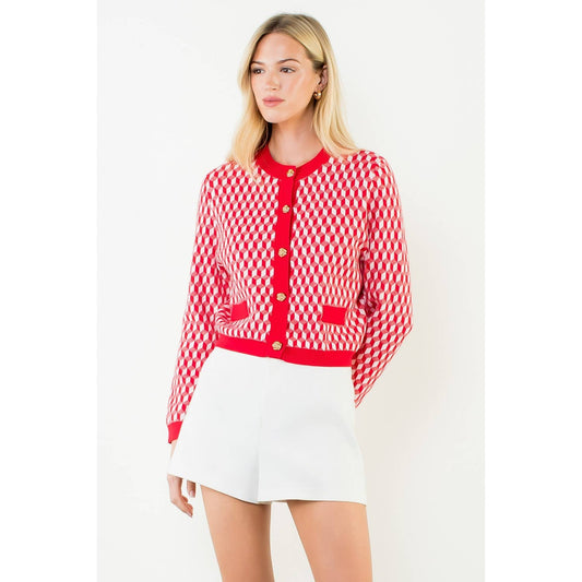 Lipstick Red Long Sleeve Geometric Print Cardigan