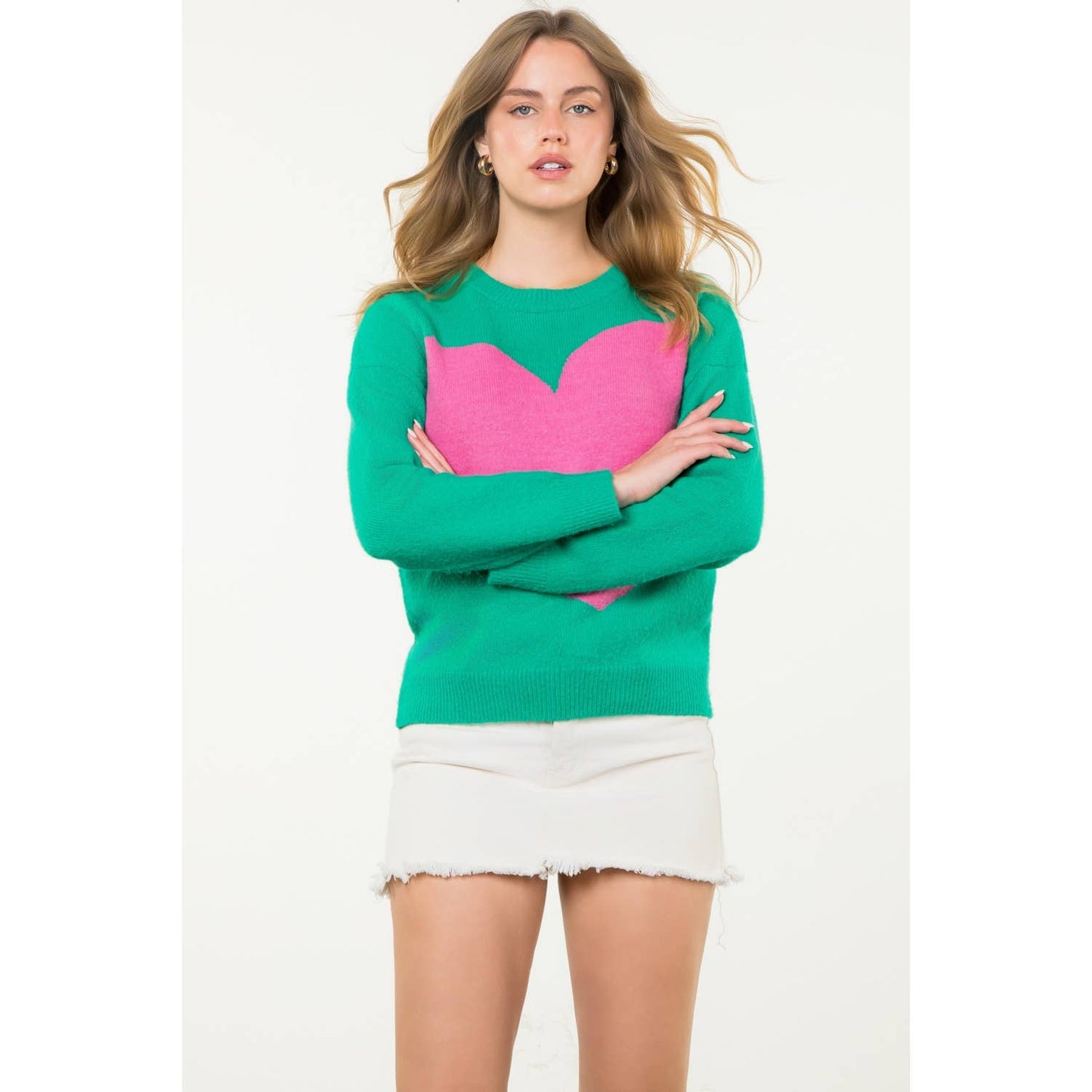 Don't Go Breakin' My Heart: Kelly Green Colorblock Heart Knit Sweater