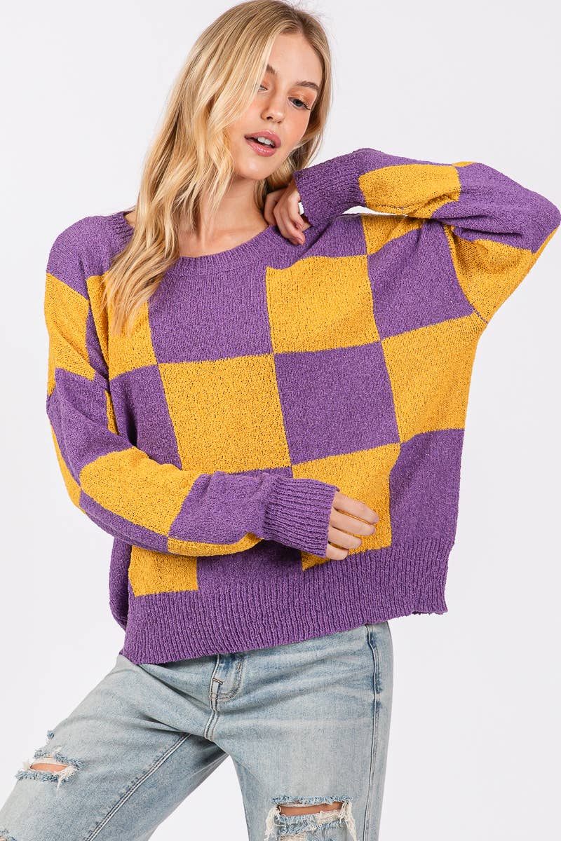 CHECKER SWEATER TOP : PURPLE/YELLOW / L