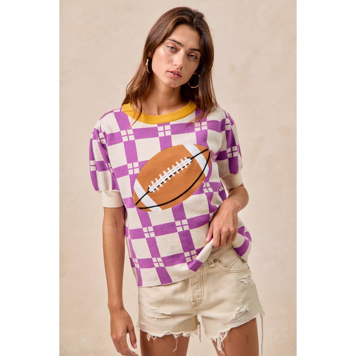 GAMEDAY THEME CHECKER PATTERN FOOTBALL PATCHED TOP: PURPLE/GOLD / L