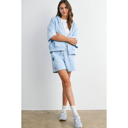 Blue Star Appliqué Lounge Shorts | Women’s Cotton Drawstring Shorts | Casual Summer Shorts with Pockets | Patriotic Lounge Set Bottoms