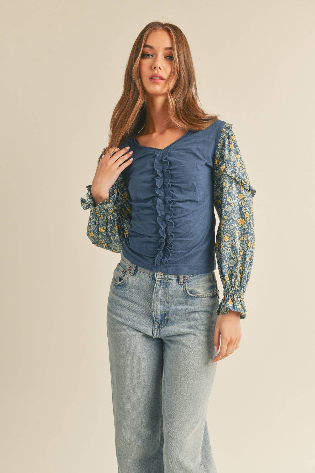 Dusty Blue Floral Puff Sleeve Cotton Blouse