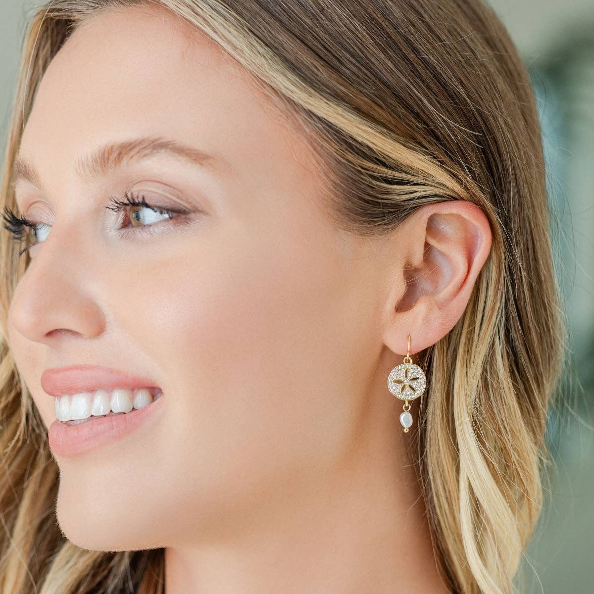 Gold Sand Dollar Pearl Earrings | Coastal Beach Drop Earrings | CZ Pave Shell Earrings | 18K Gold Plated Wedding & Vacation Jewelry