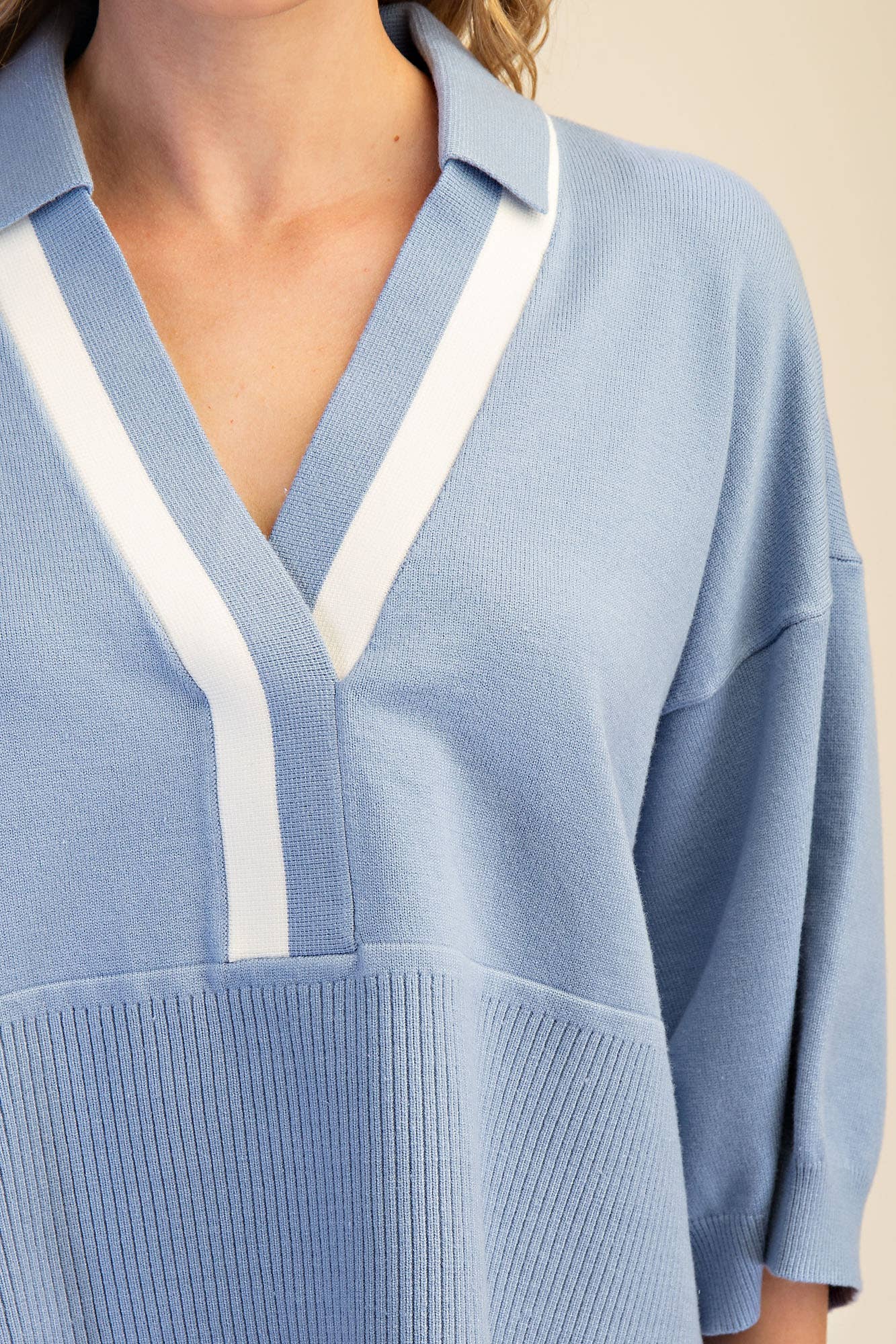 Cloud Blue Varsity Stripe Collared Sweater
