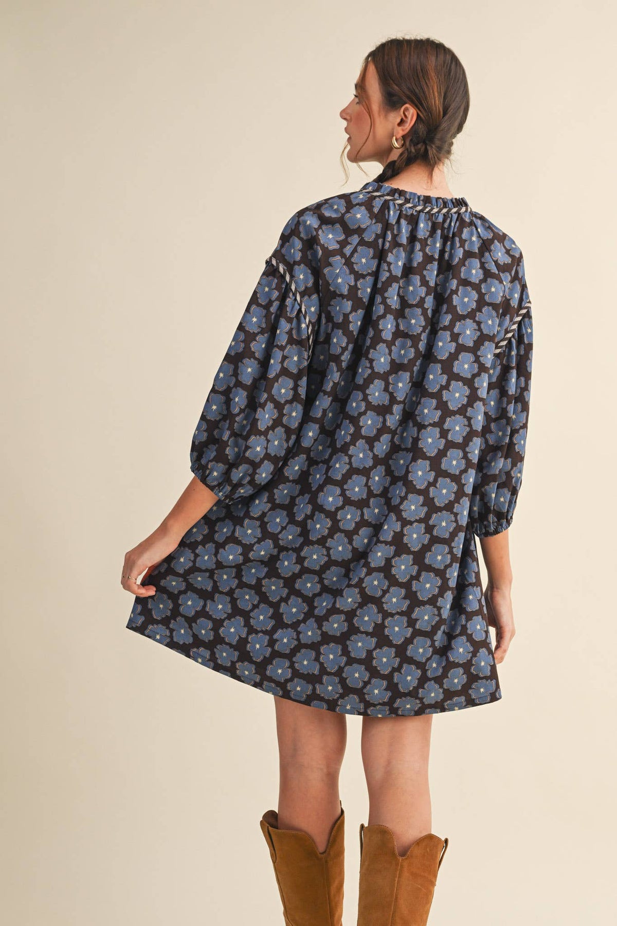 Brown & Blue Floral Tie-Neck Mini Shift Dress