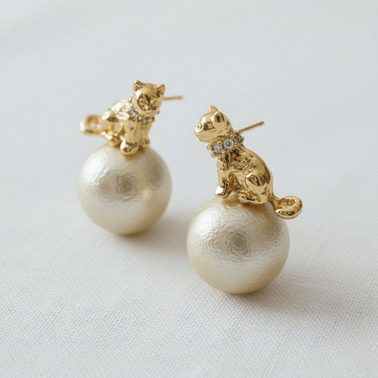 The Tallulah Pearl - Whimsy Cat Stud Earrings