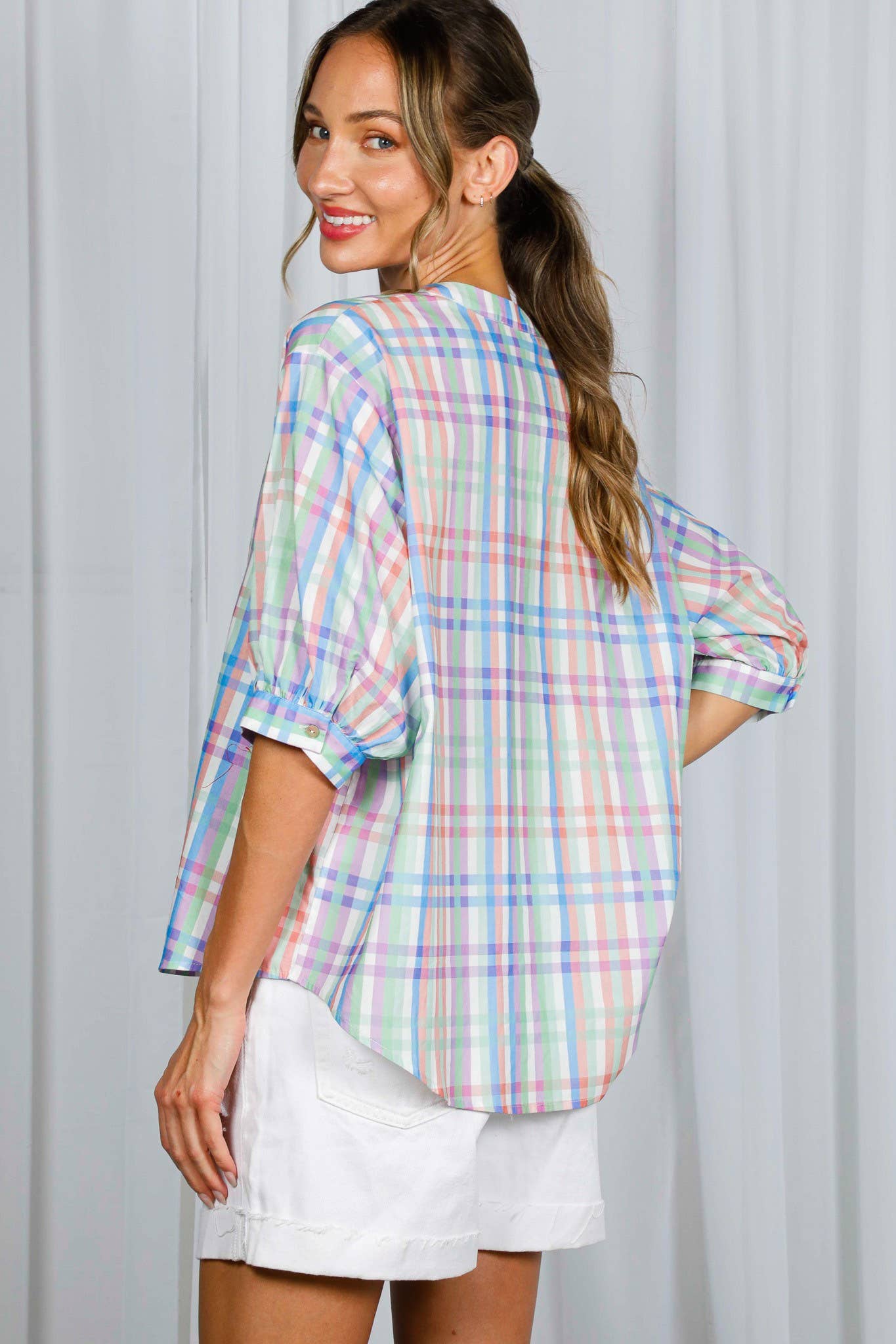 Sunday Best Plaid V-Neck Half Puff Sleeve Blouse