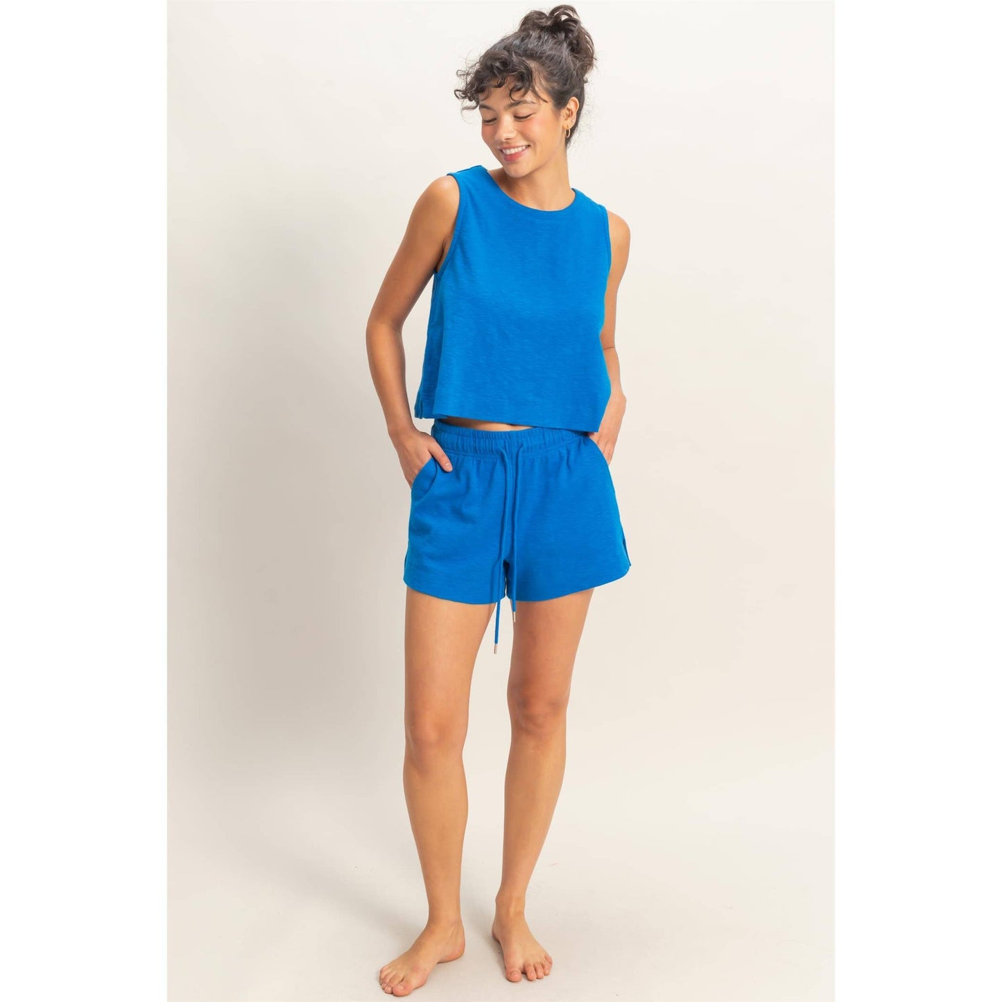 Blue Drawstring Lounge Shorts | Elastic Waist Casual Shorts | Matching Set Bottom