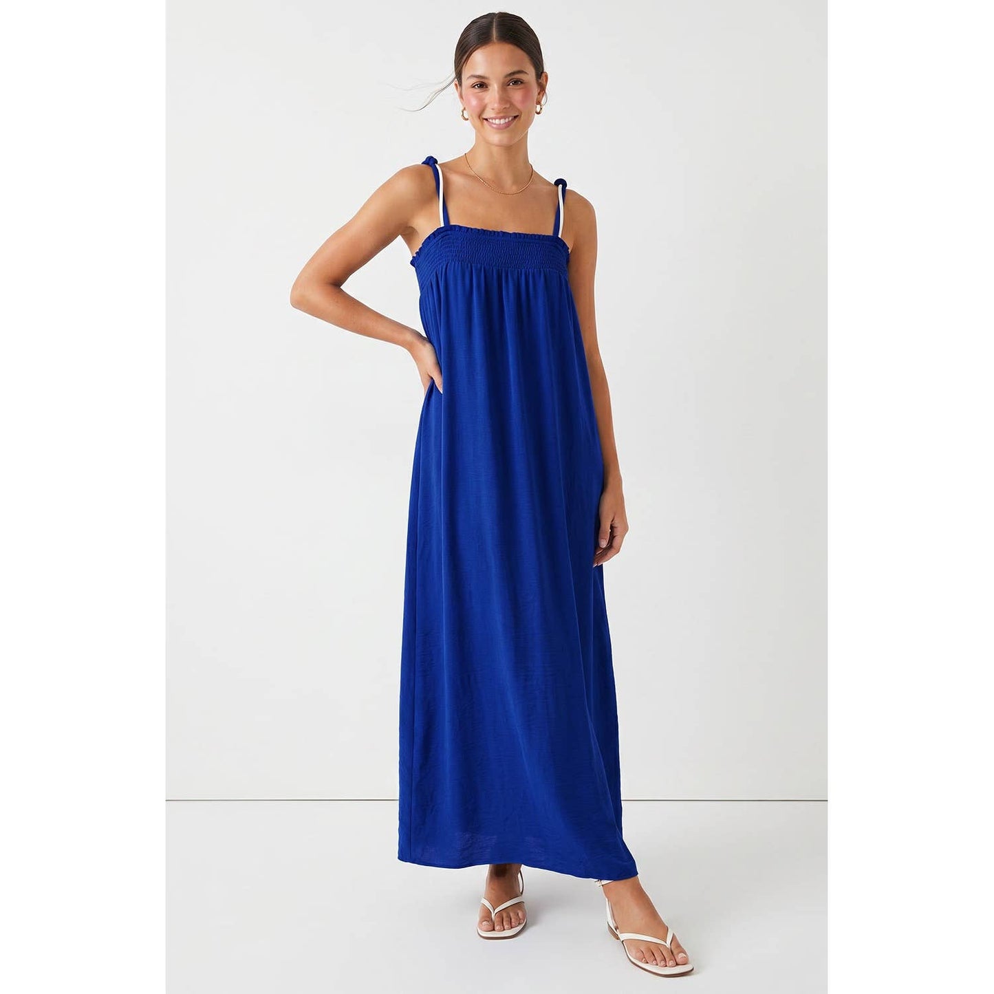Cord Detail Smocking Maxi Dress: Peridot / L