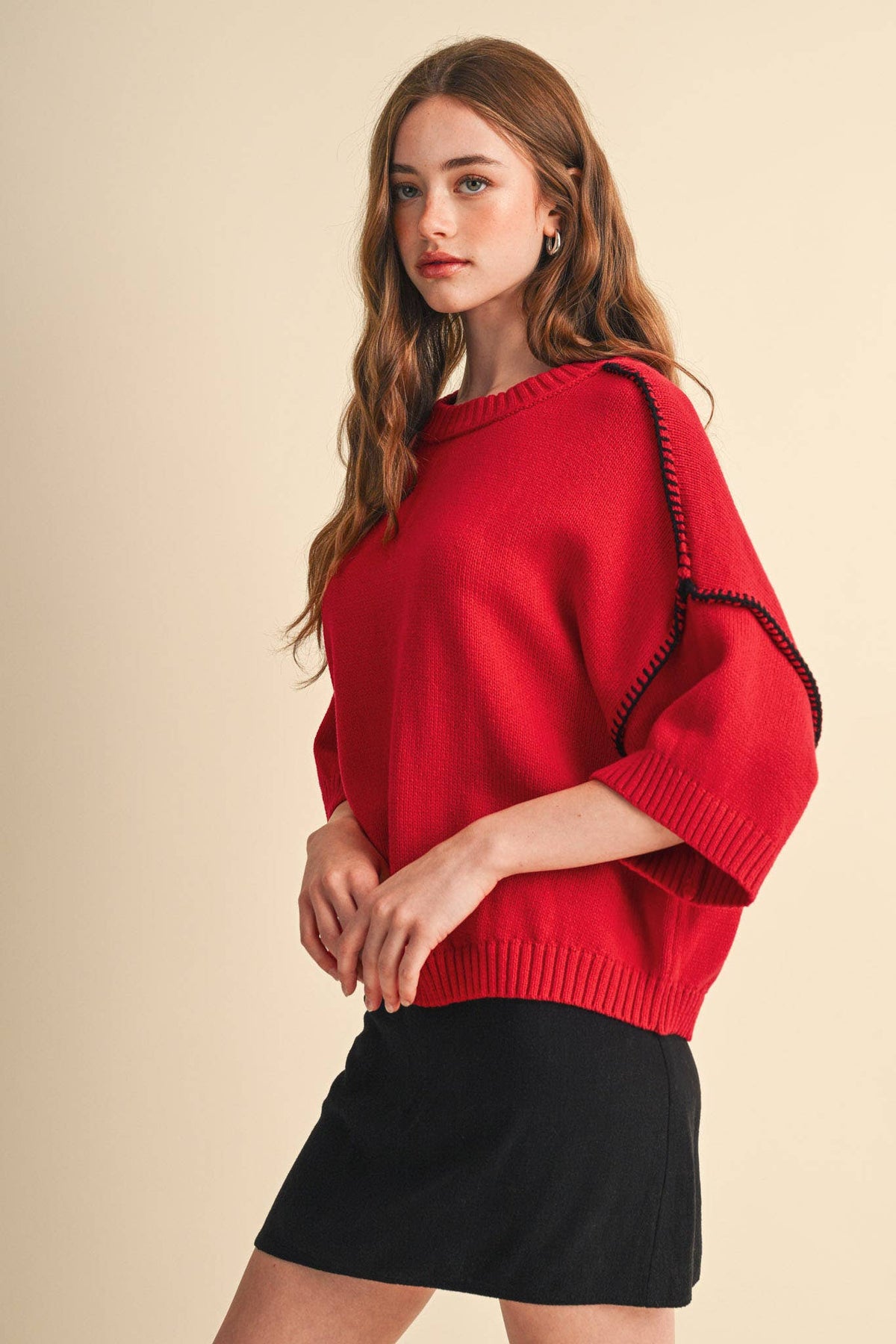 Red & Black Blanket Stitch Short Sleeve Sweater