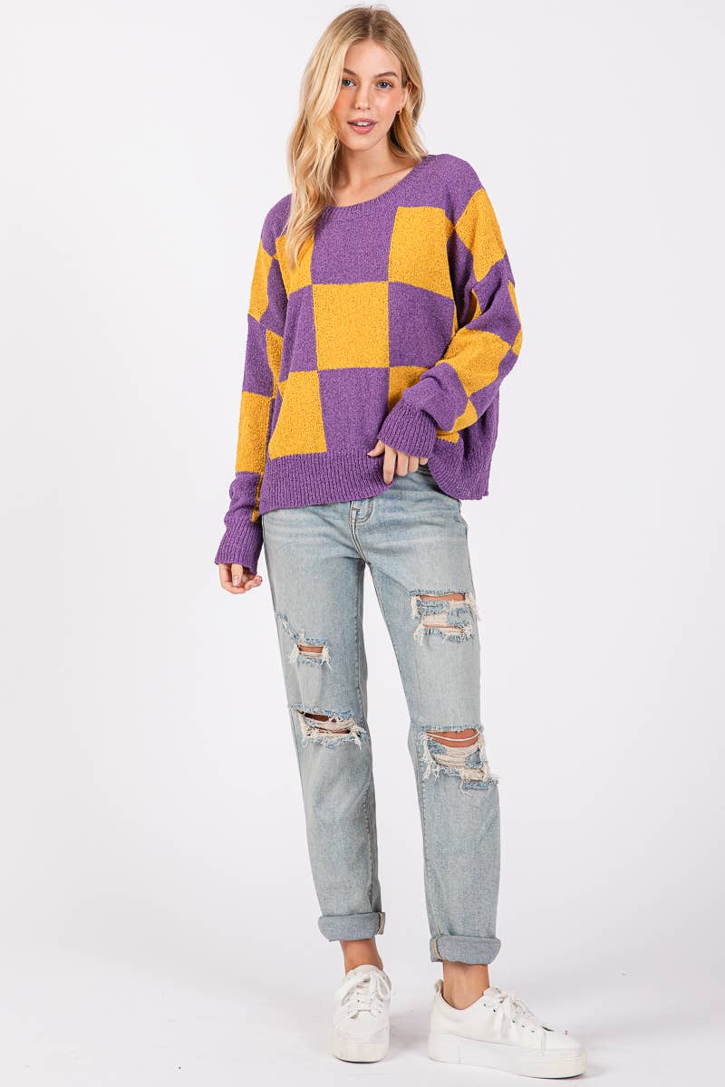 CHECKER SWEATER TOP : PURPLE/YELLOW / L