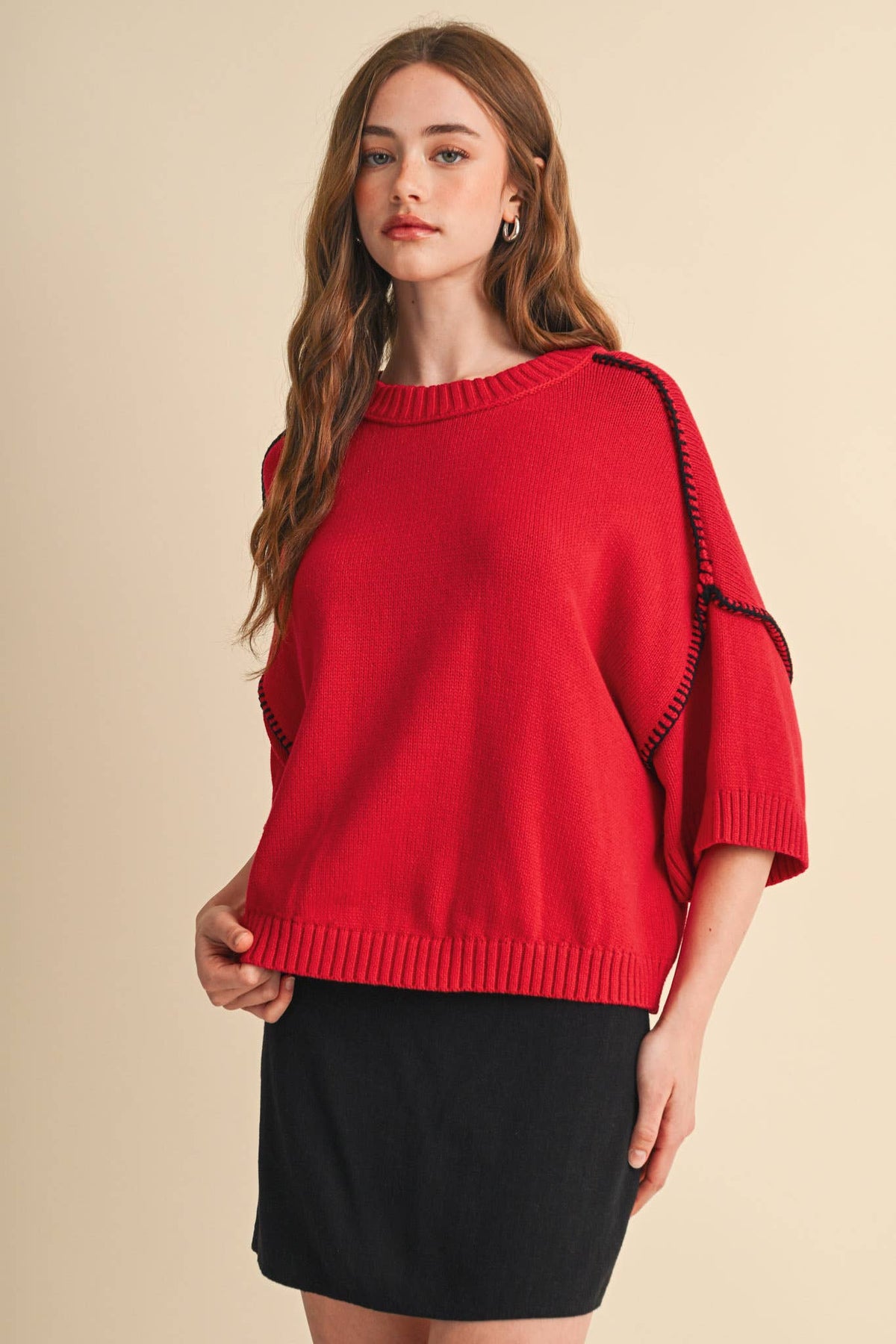 Red & Black Blanket Stitch Short Sleeve Sweater