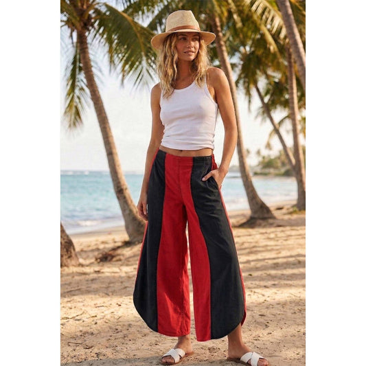 Red and Black Color Block Tulip Pants