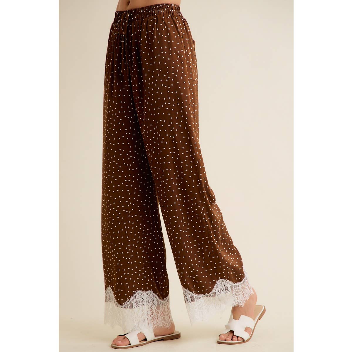 Satin Polka Dot Wide Leg Pants with Lace Trim – Chocolate Brown