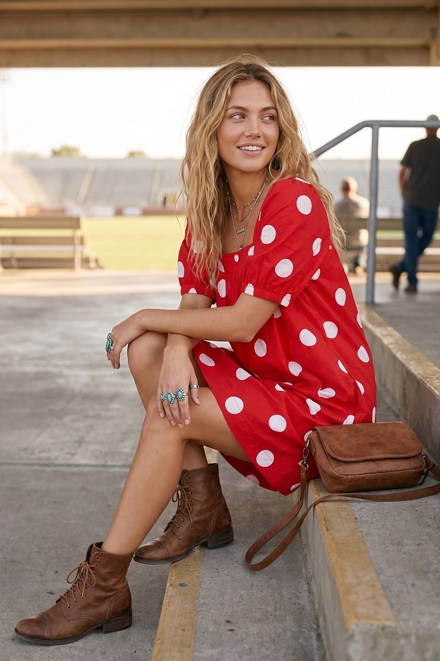 Gameday Polka Dot Puff Sleeve Dress: RED/BLACK / L