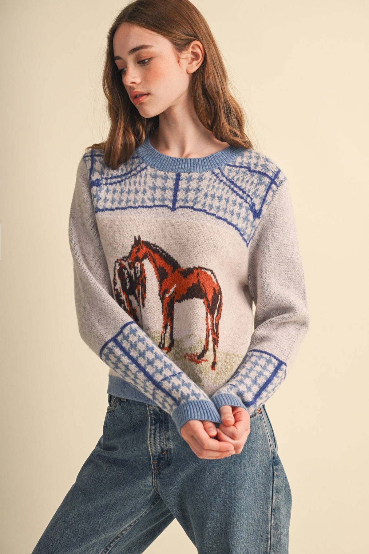 Dusty Blue Horse Motif Houndstooth Knit Sweater