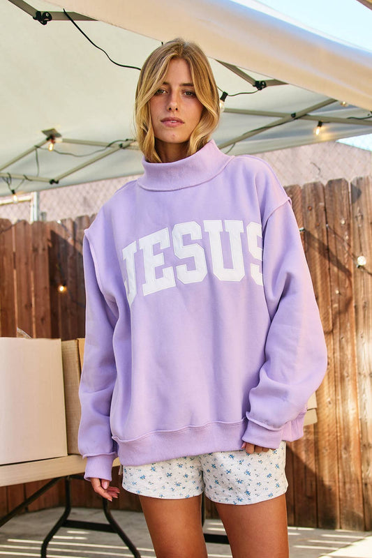 JESUS Embroidered Oversized Lavender Mock Neck Sweatshirt